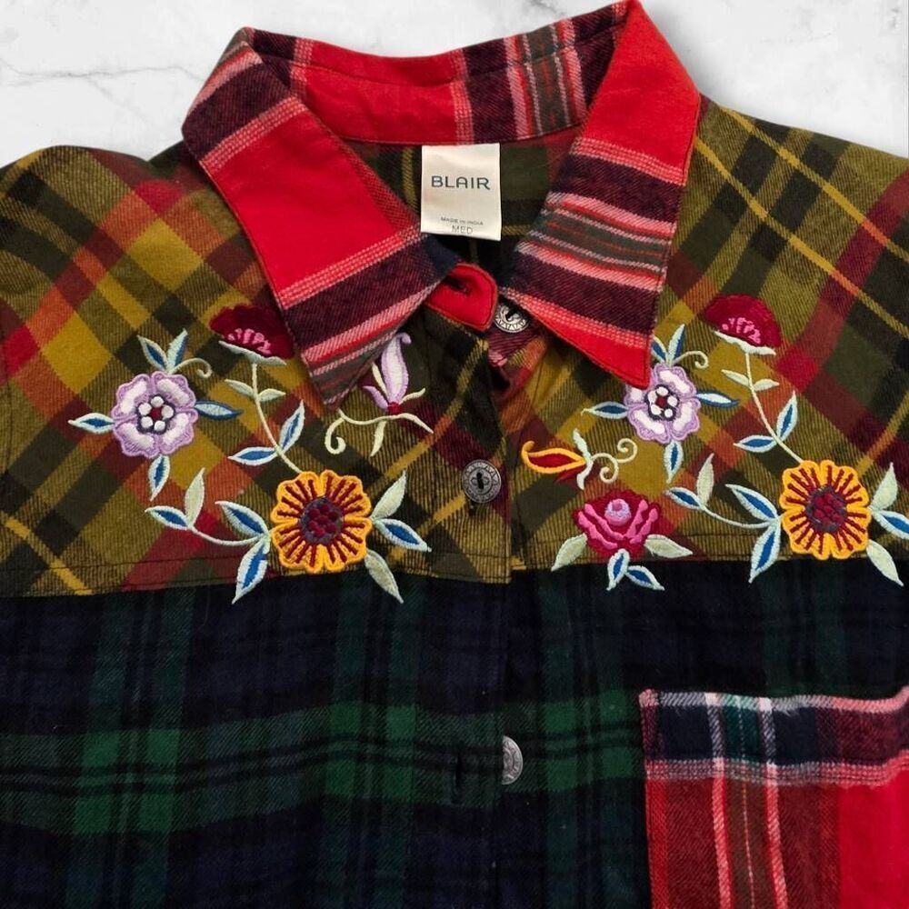 Blair Plaid Floral Print Long Sleeve Flannel Size Medium - Picture 2 of 3